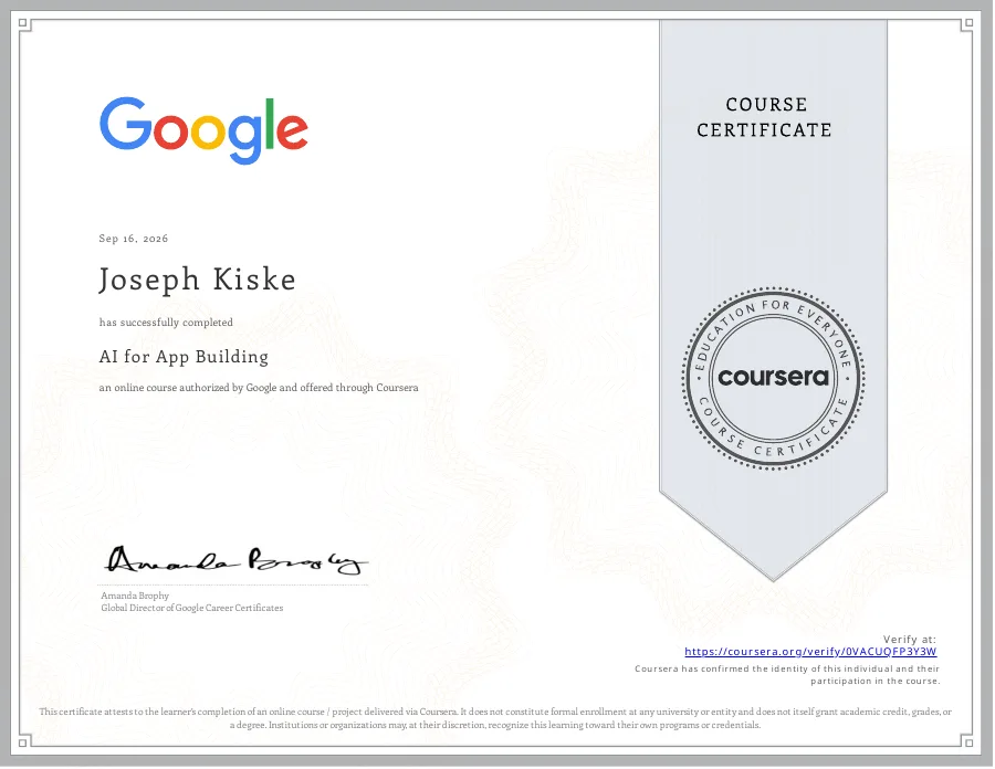 AI for App Building certificate issued to Joseph Kiske