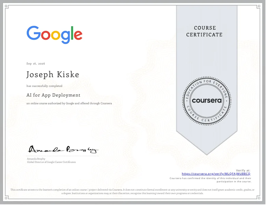 AI for App Deployment certificate issued to Joseph Kiske