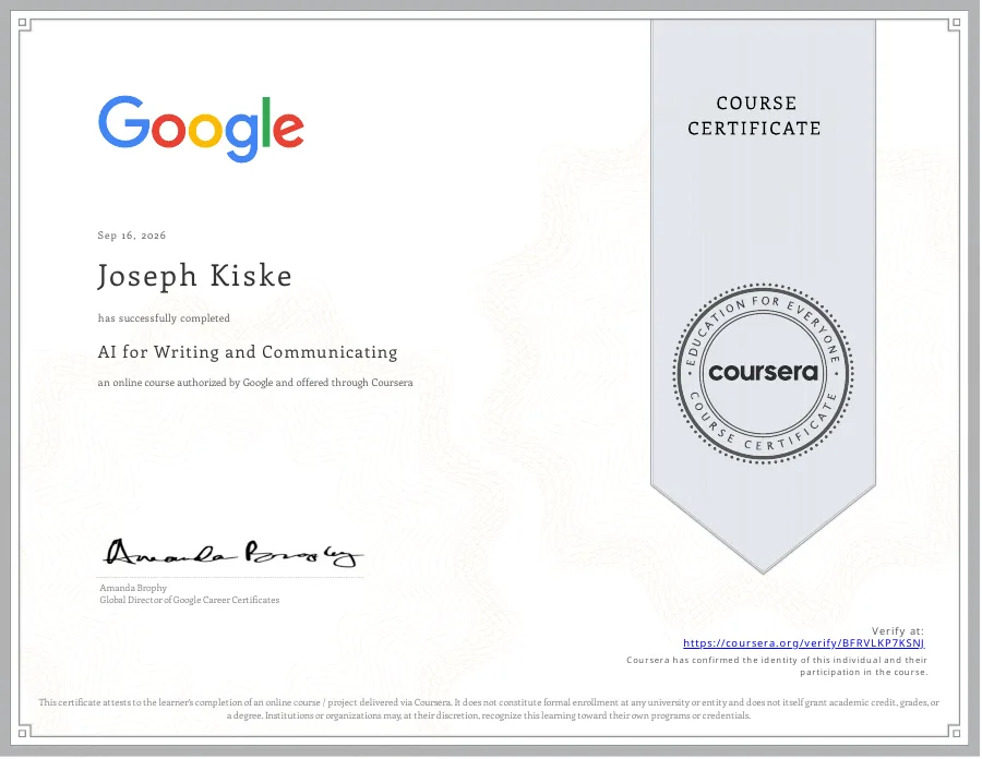 AI for Writing and Communicating certificate issued to Joseph Kiske