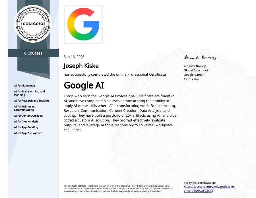 Google AI Professional certificate issued to Joseph Kiske