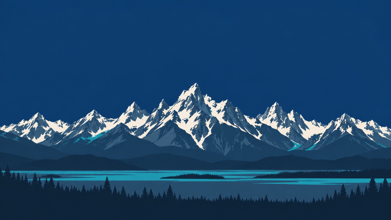 Illustration of the Grand Tetons above a blue mountain lake