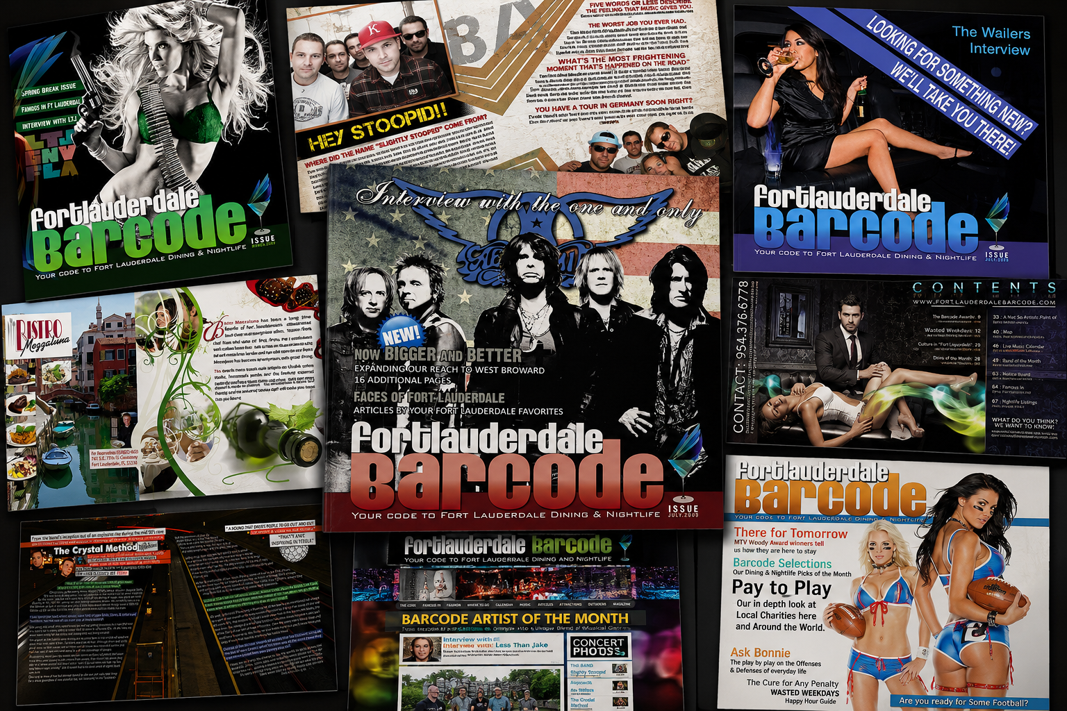 A collage of Fort Lauderdale Barcode magazine covers and editorial spreads