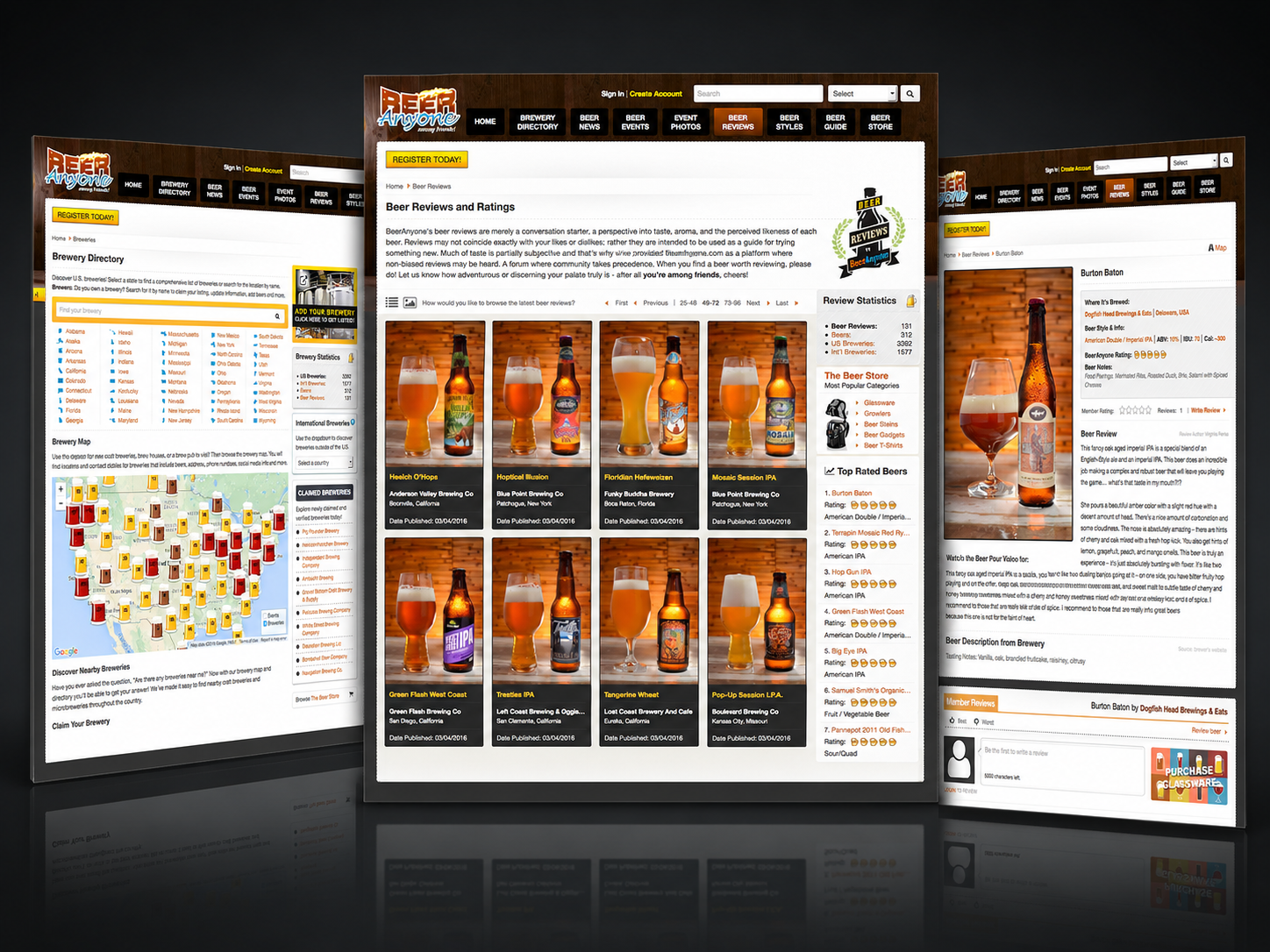 Beer Anyone product showcase featuring brewery directory, beer review listings, and an individual review page