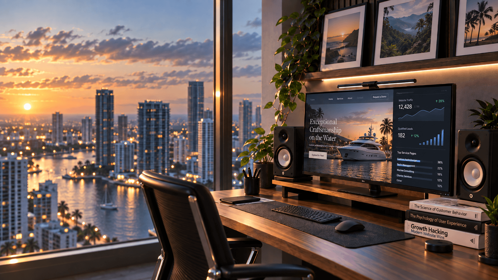Workspace overlooking a city with website and conversion analytics displayed on dual monitors.