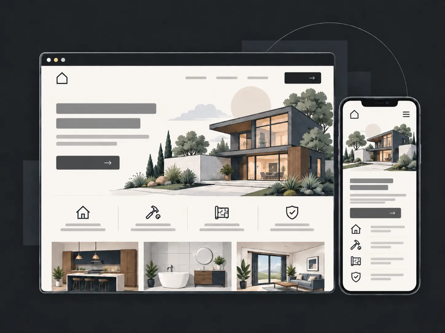 Illustration of a responsive home remodeling website displayed on desktop and mobile devices.