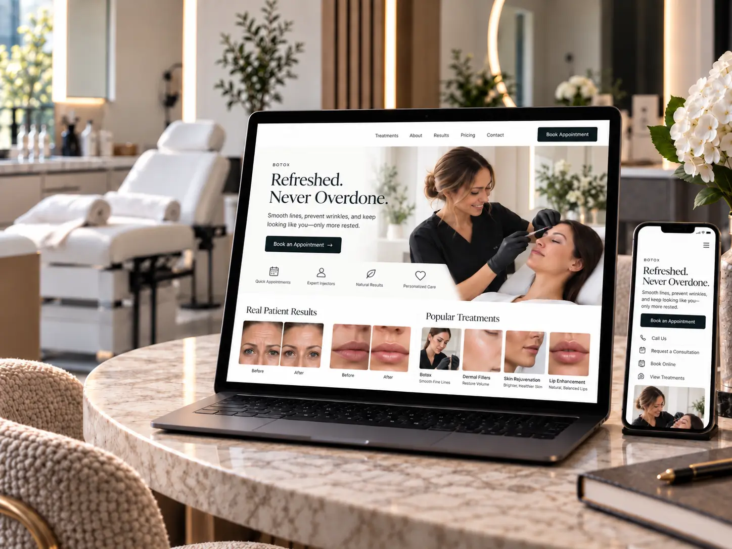 Laptop and phone displaying an aesthetic treatment website.
