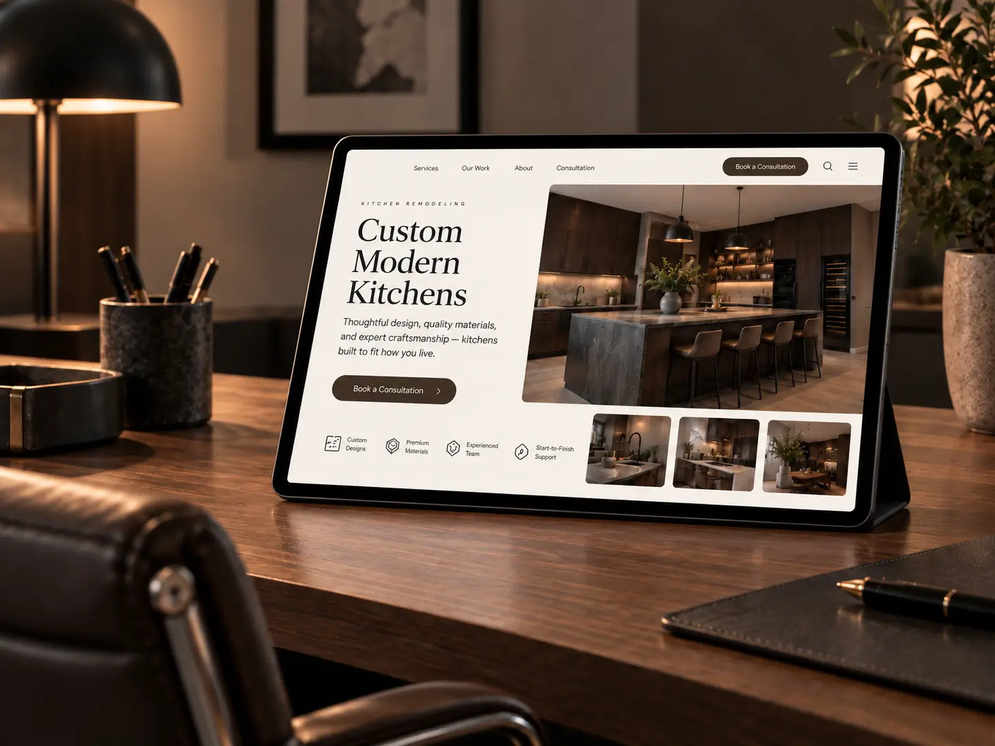 Tablet displaying a kitchen remodeling website.