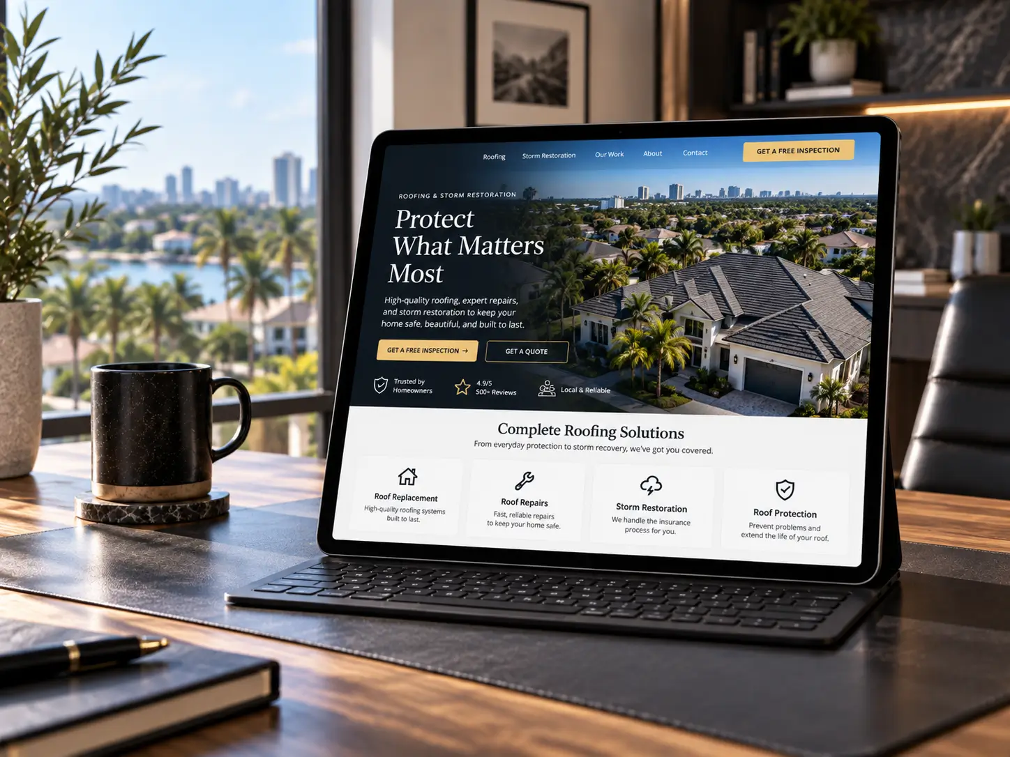 Laptop displaying a roofing service website.