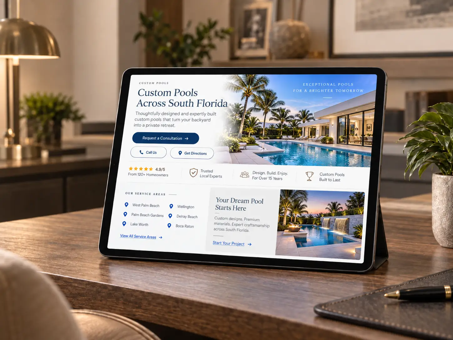 Tablet displaying a custom pool company website.