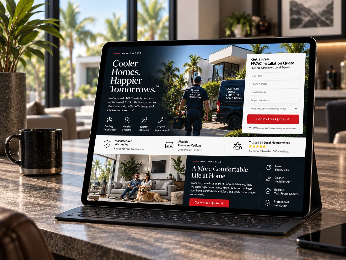 Laptop displaying an HVAC service landing page.