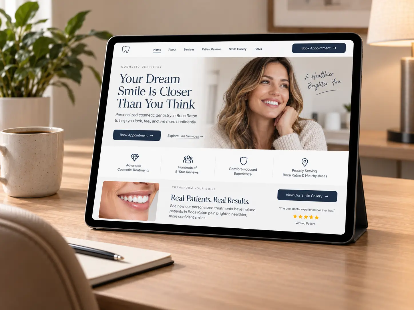 Tablet displaying a cosmetic dentistry website.