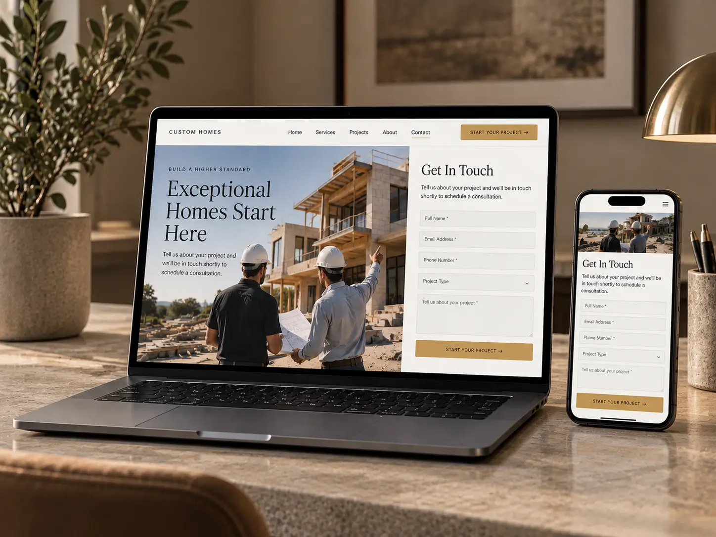 Laptop and phone displaying a custom home builder contact page.