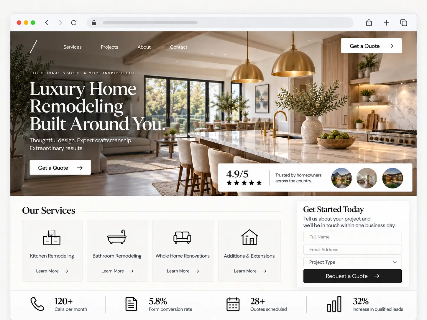 Example of a conversion-focused home remodeling website showing positioning, trust, services, lead capture, and performance measurement.